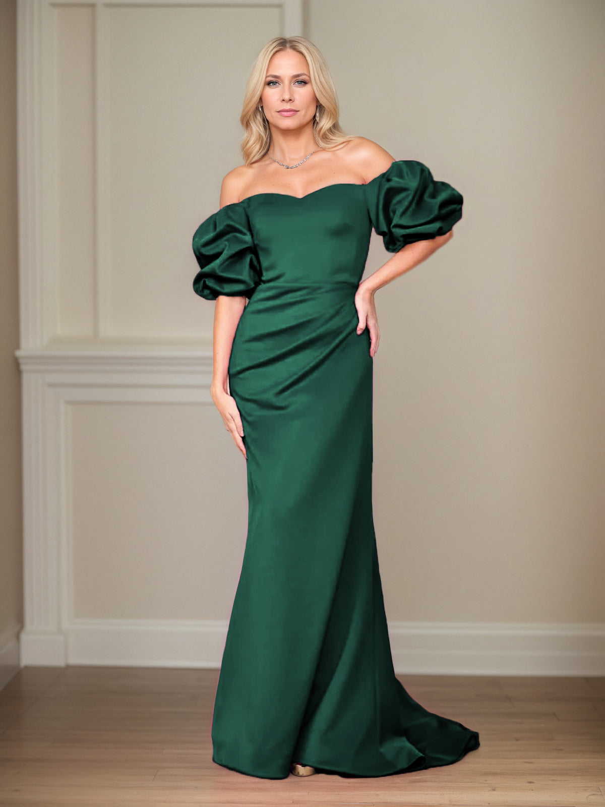 Column Off The Shoulder Puff Sleeves Floor Length Mother of the Bride Dresses