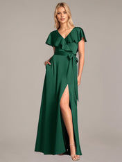 A Line Satin V Neck Short Sleeves Floor Length Dresses With Ruffles