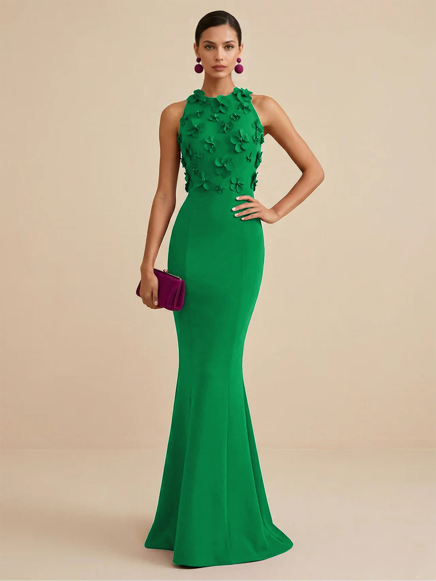 Deep Fuchsia Sleeveless High Neck 3D Floral Mermaid Formal Gown Evening Dress