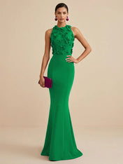 Deep Fuchsia Sleeveless High Neck 3D Floral Mermaid Formal Gown Evening Dress