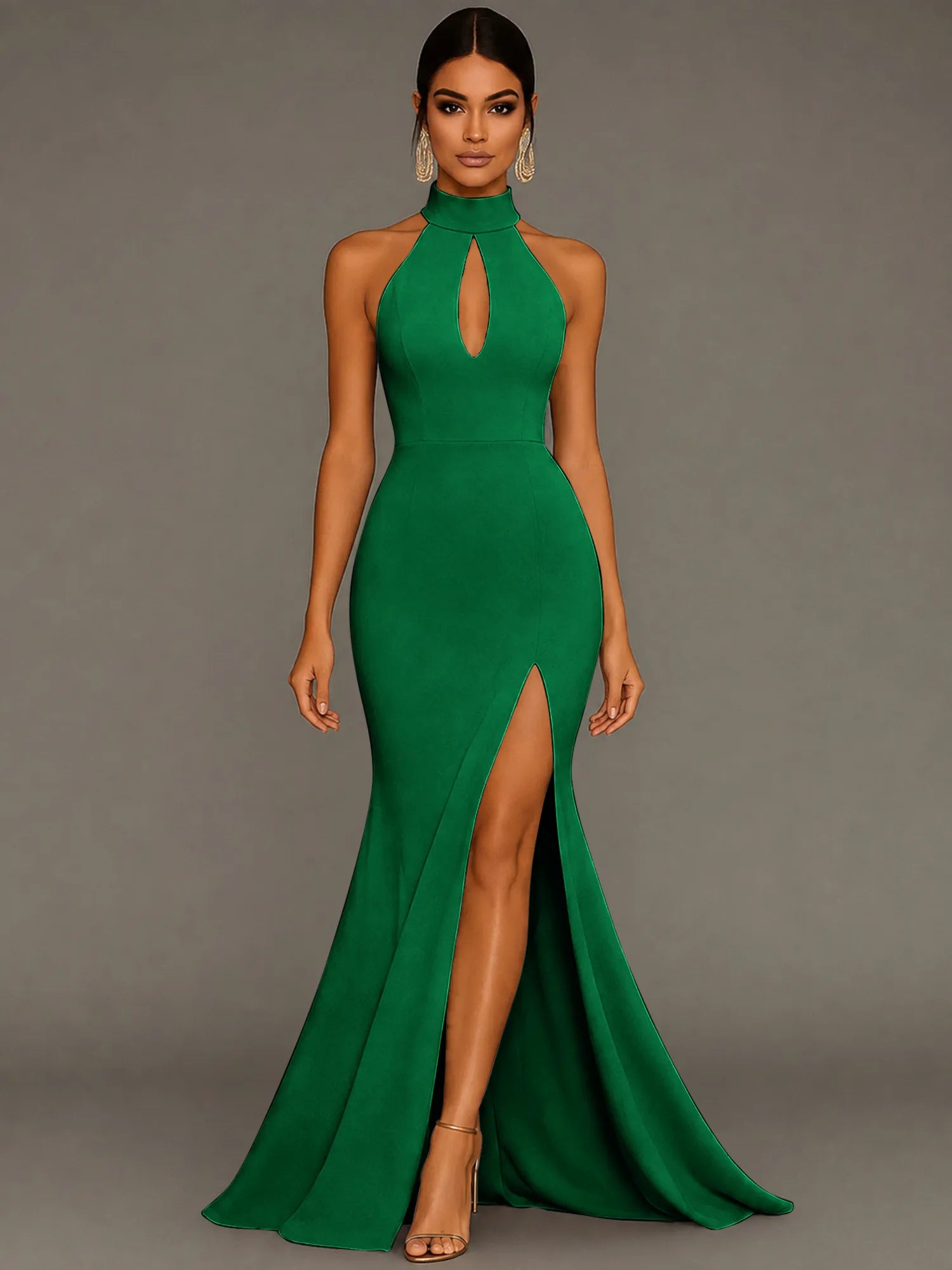 Mermaid Halter Neck Satin Formal Dress with Slit
