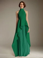 White Sleeveless High Neck Chiffon Long Formal Dress With Ruffles