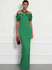 Regal Plum Crepe Column Gown with Satin Criss-Cross Halter Maxi Dress