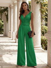 Women Pink Lace Deep V Neck Sleeveless Dressy Jumpsuit
