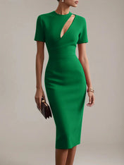 Red Sheath/Column Stretch Crepe Scoop Neck Short Sleeves Tea Length Dresses