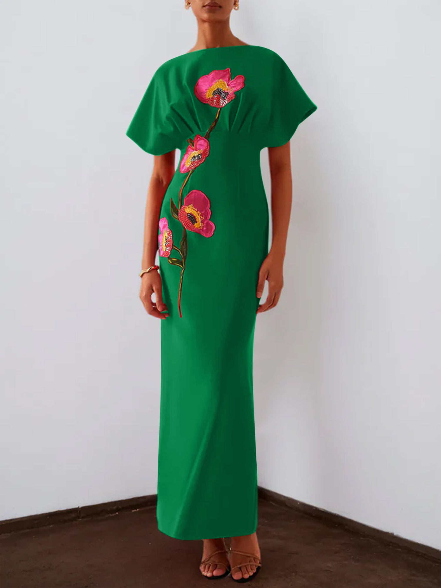 Red 3D Floral Appliqué Boat Neck Short Sleeve Backless Sheath Maxi Dress