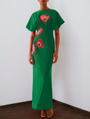 Red 3D Floral Appliqué Boat Neck Short Sleeve Backless Sheath Maxi Dress