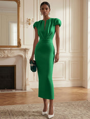 White Ruched Classic Notched Short Sleeve Puff Sleeve Sheath Midi Dress