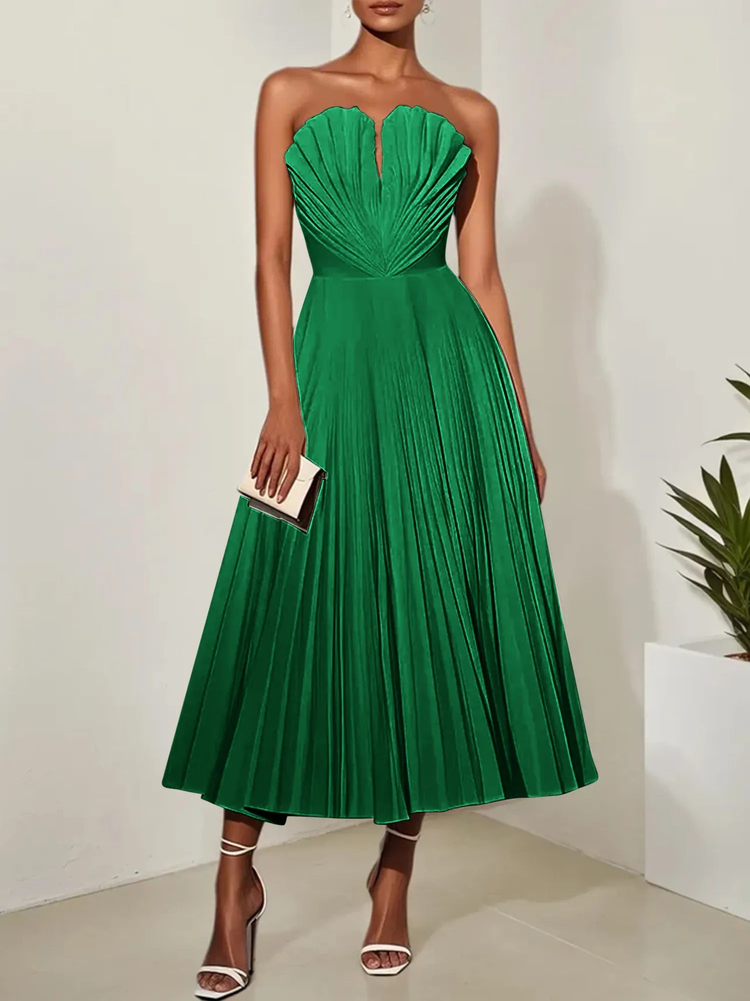 White Pleated Classic Strapless Sleeveless A-Line Midi Dress