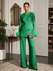 Women's White Two-Piece Set: Buckle Detail Feather-Trimmed Top & Straight-Leg Pants