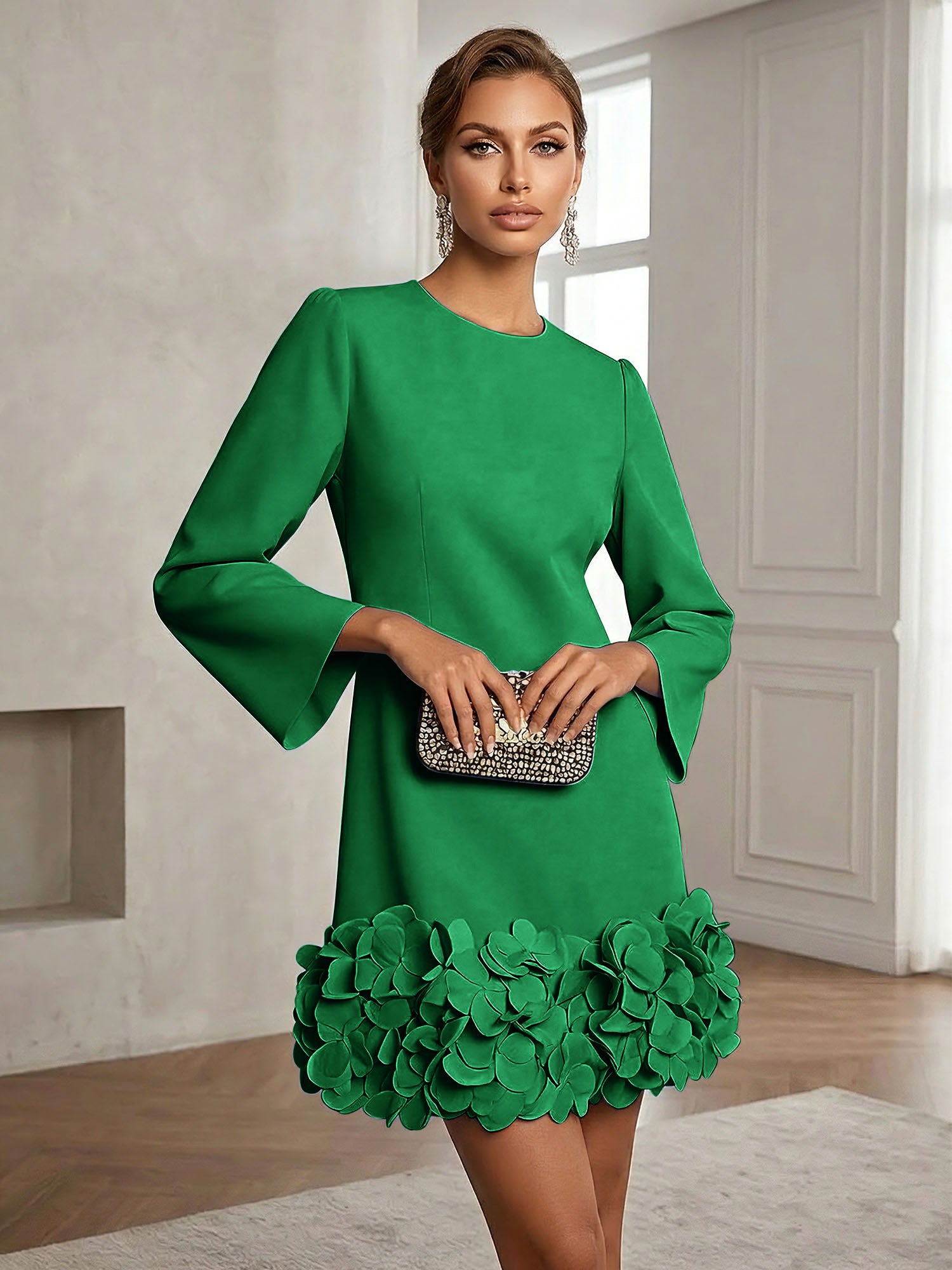 Powder Blue 3D Floral Classic Crew Neck Bell Long Sleeve Shift Mini Dress