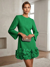 Powder Blue 3D Floral Classic Crew Neck Bell Long Sleeve Shift Mini Dress