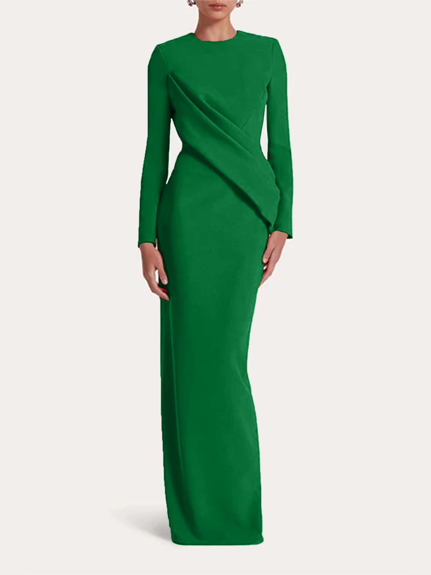 Red Sheath/Column Scoop Long Sleeves Chiffon Floor-Length Ruffles Formal Dress