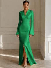 Formal Yellow V Neck Long Sleeves Floor Length Dress With Slit