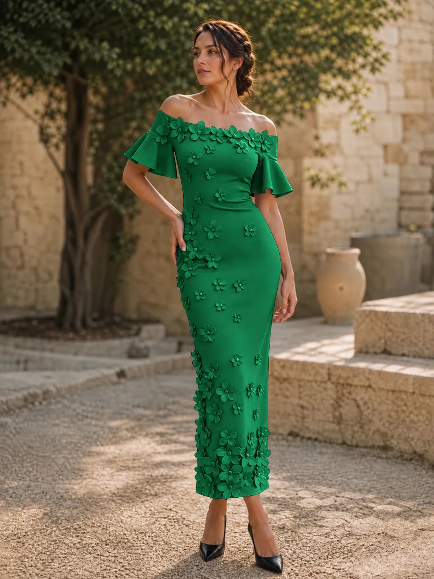 Black 3D Floral Off-The-Shoulder Ankle-Length Gown Dress