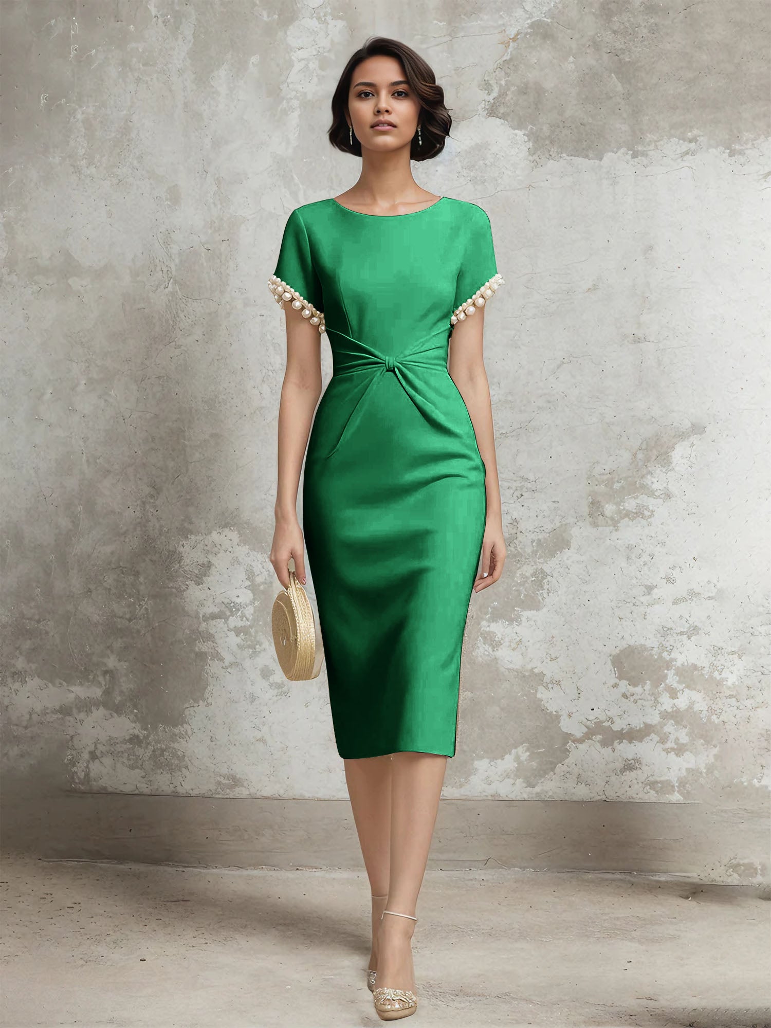 Column Short Sleeve Tea Length Dress With Pearls
