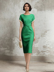 White Stretch Crepe Sheath/Column Short Sleeve Tea Length Dress With Pearls