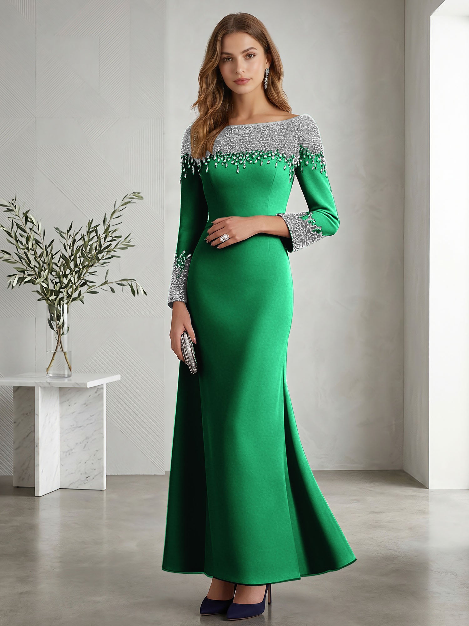 Formal Evening Dress Midnight Navy Velvet Long Sleeves Maxi Dress with Crystal