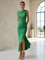 Elegant Formal Evening Gown Butter Yellow Ruched Asymmetrical Midi Dress