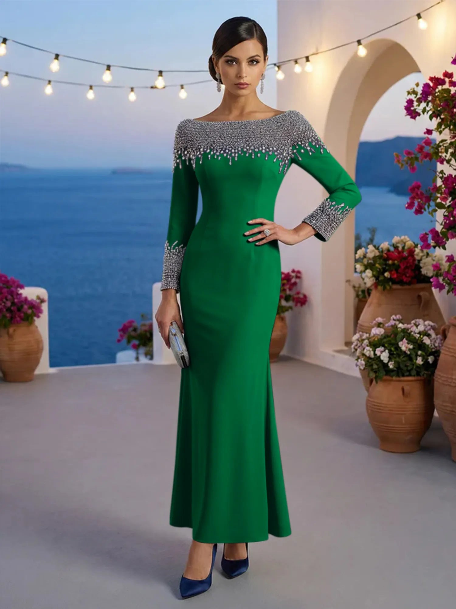 Formal Evening Dress Blue Velvet Long Sleeves Maxi Dress with Crystal