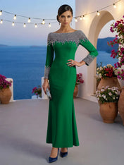 Formal Evening Dress Blue Velvet Long Sleeves Maxi Dress with Crystal