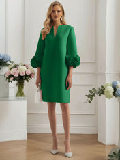 3D Floral Classic Notched Long Sleeve A-Line Midi Dress