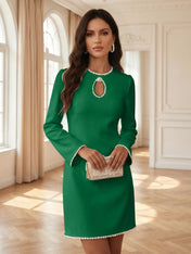 White Pearl Hollow Out Classic Crew Neck Long Sleeve Shift Mini Dress Gown