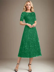 A-line Scoop Illusion Tea-Length Lace Mother of the Bride Dress With Sequins