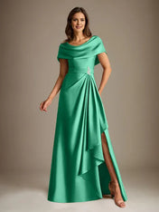 A-Line Scoop Floor-Length Stretch Satin Mother of the Bride Dress With Cascading Ruffles