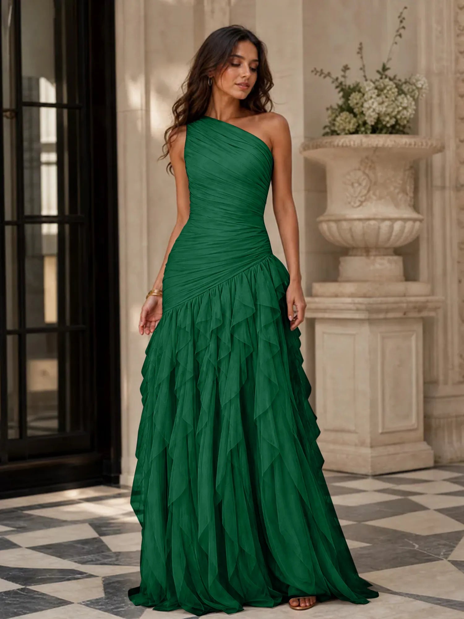 Emerald Green One-Shoulder Ruched Asymmetric Ruffle Chiffon Floor-Length Gown Dress