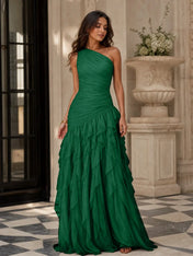 Emerald Green One-Shoulder Ruched Asymmetric Ruffle Chiffon Floor-Length Gown Dress