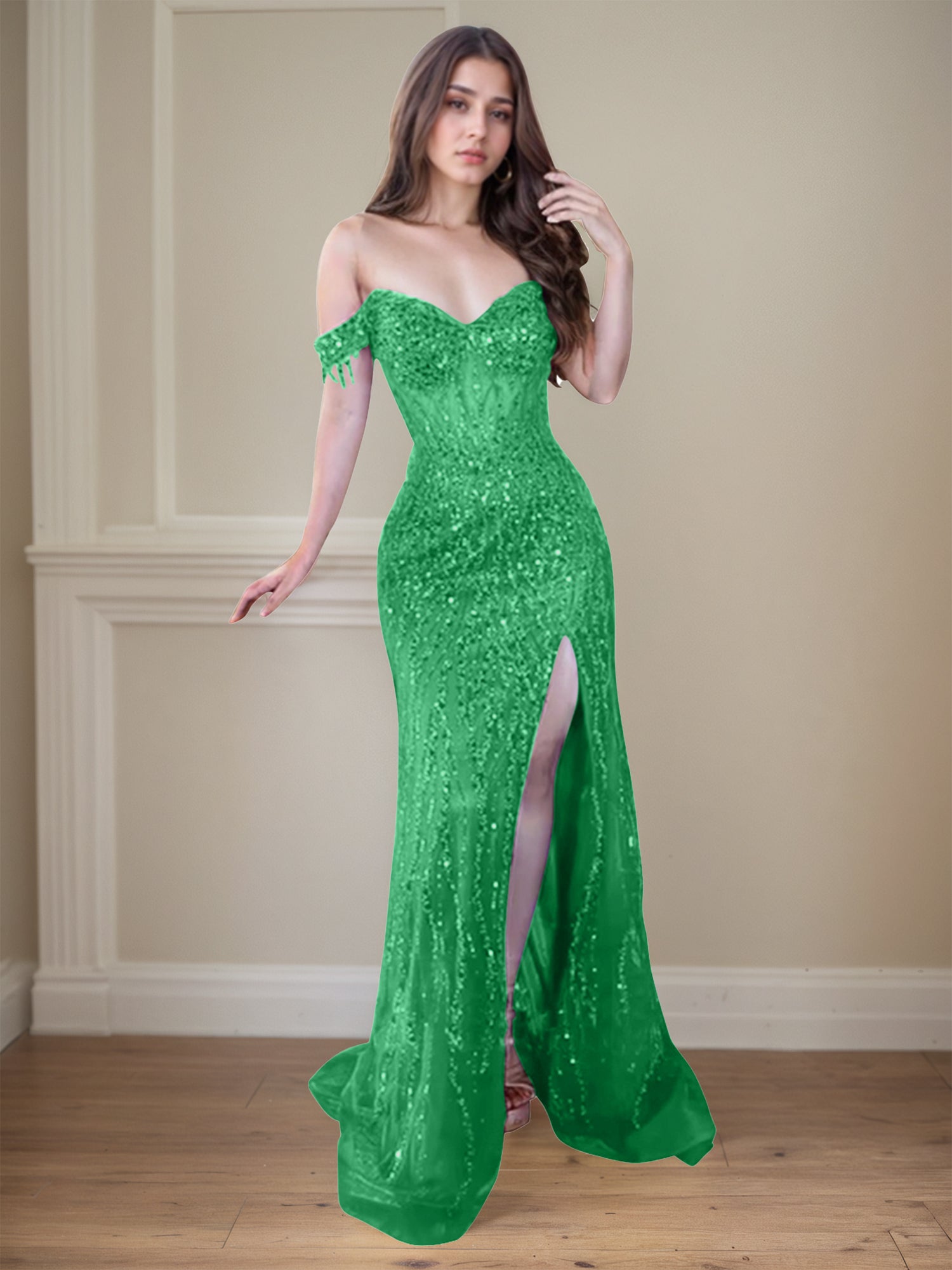 Red Off-the-Shoulder Beaded Tulle Long Prom Dress with Swirling Sequins