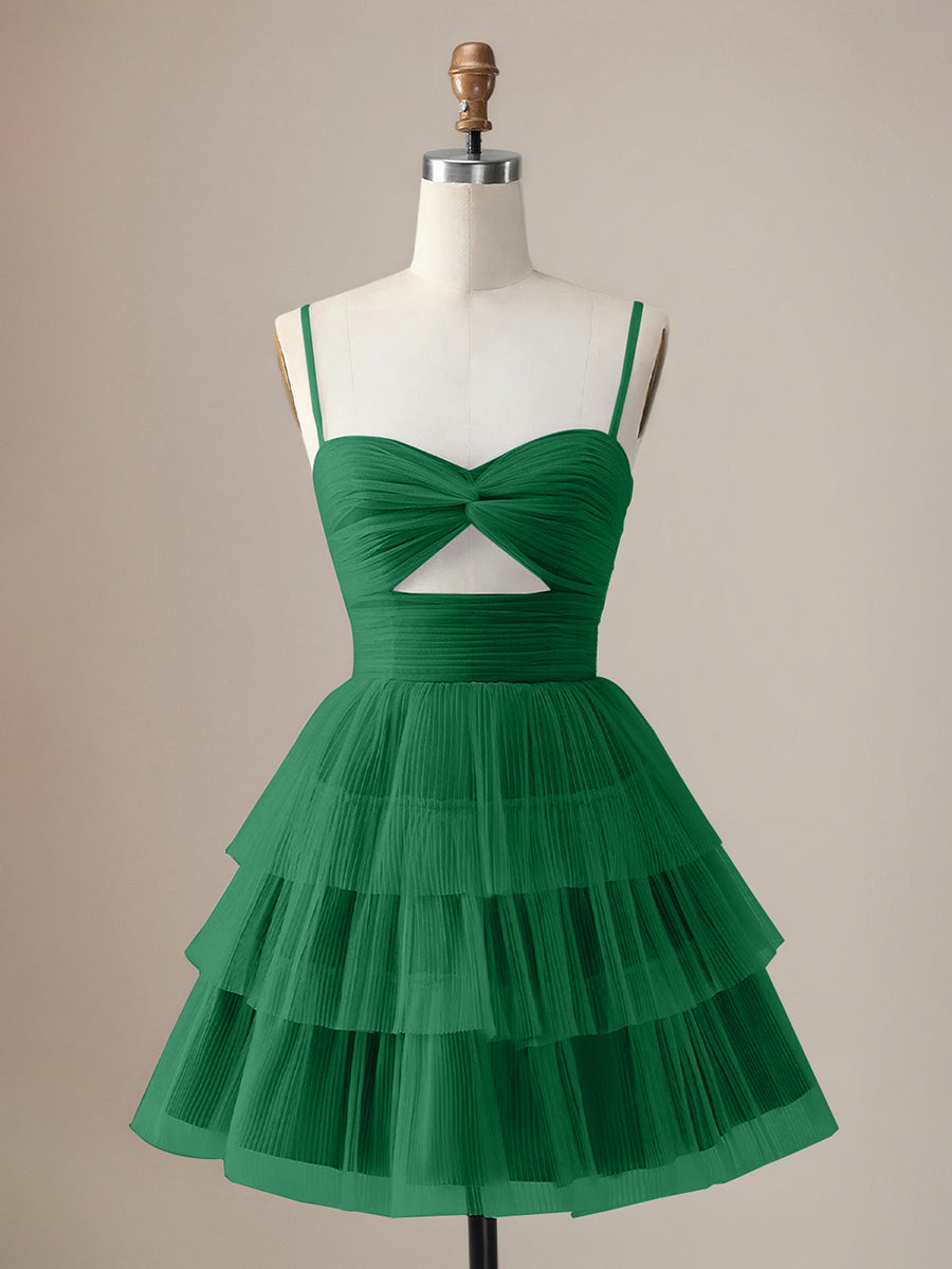 A Line Spaghetti Straps Short Tiered Homecoming Dress with Hollow Out