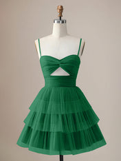 A Line Spaghetti Straps Short Tiered Homecoming Dress with Hollow Out