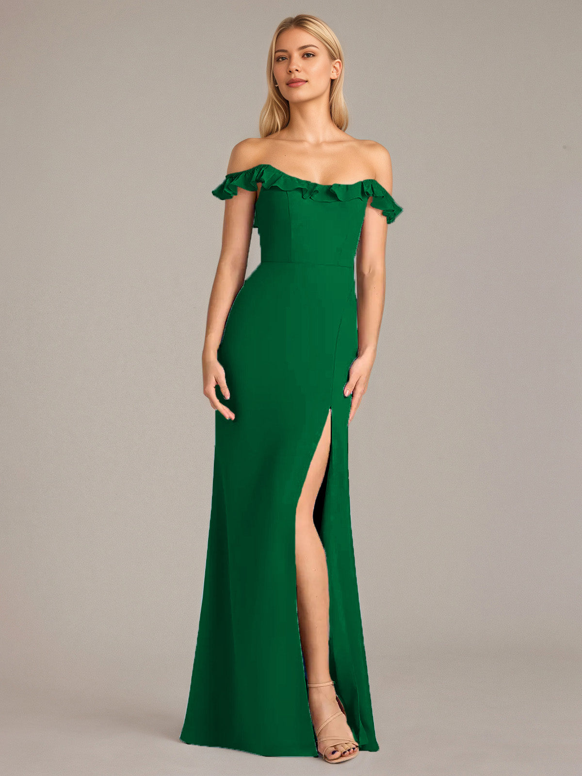 Column Chiffon Off The Shoulder Sleeveless Floor Length Dresses With Ruffles