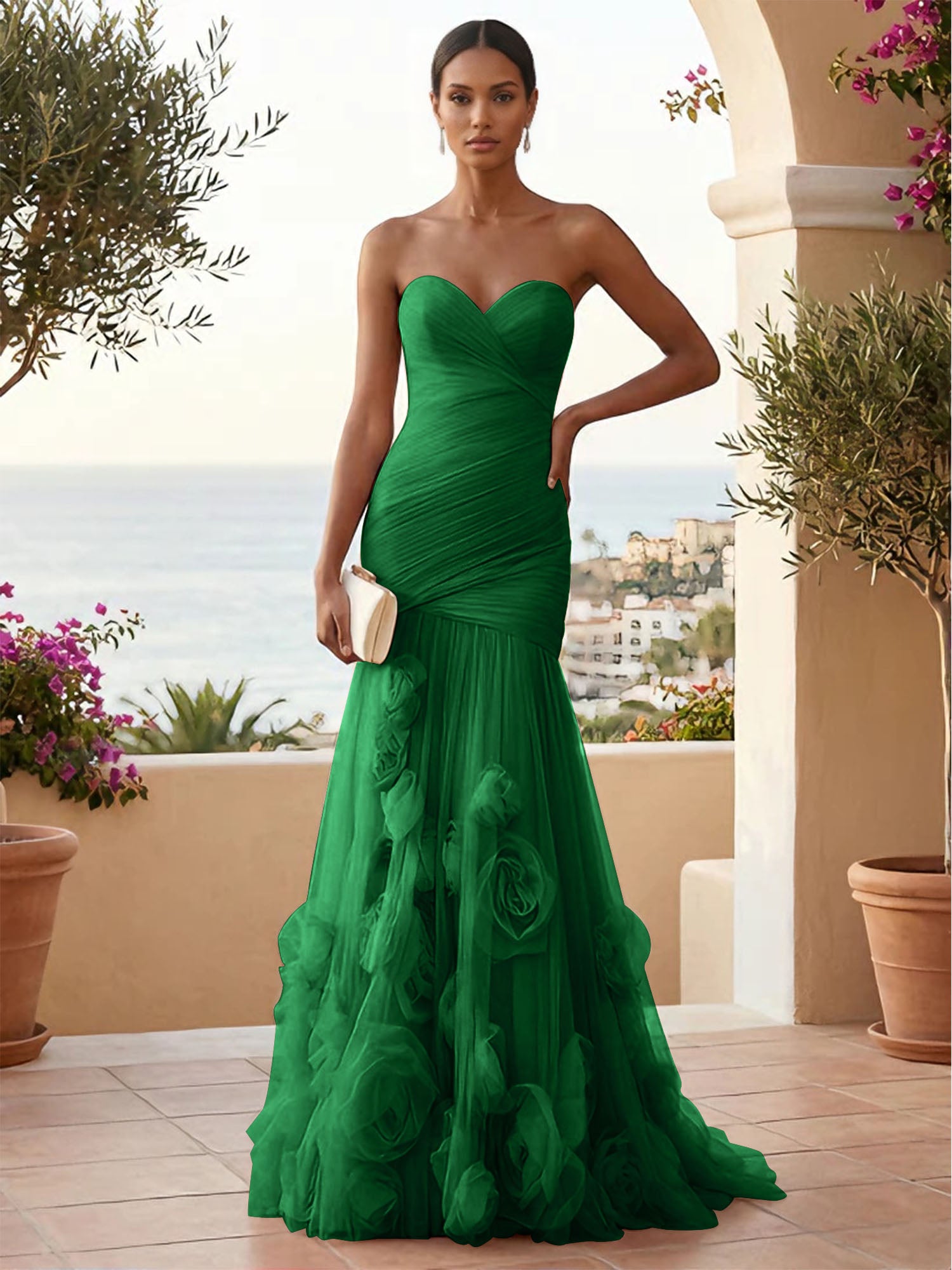 Sweetheart Tulle Pleat Mermaid Evening Dresses with 3D Flower
