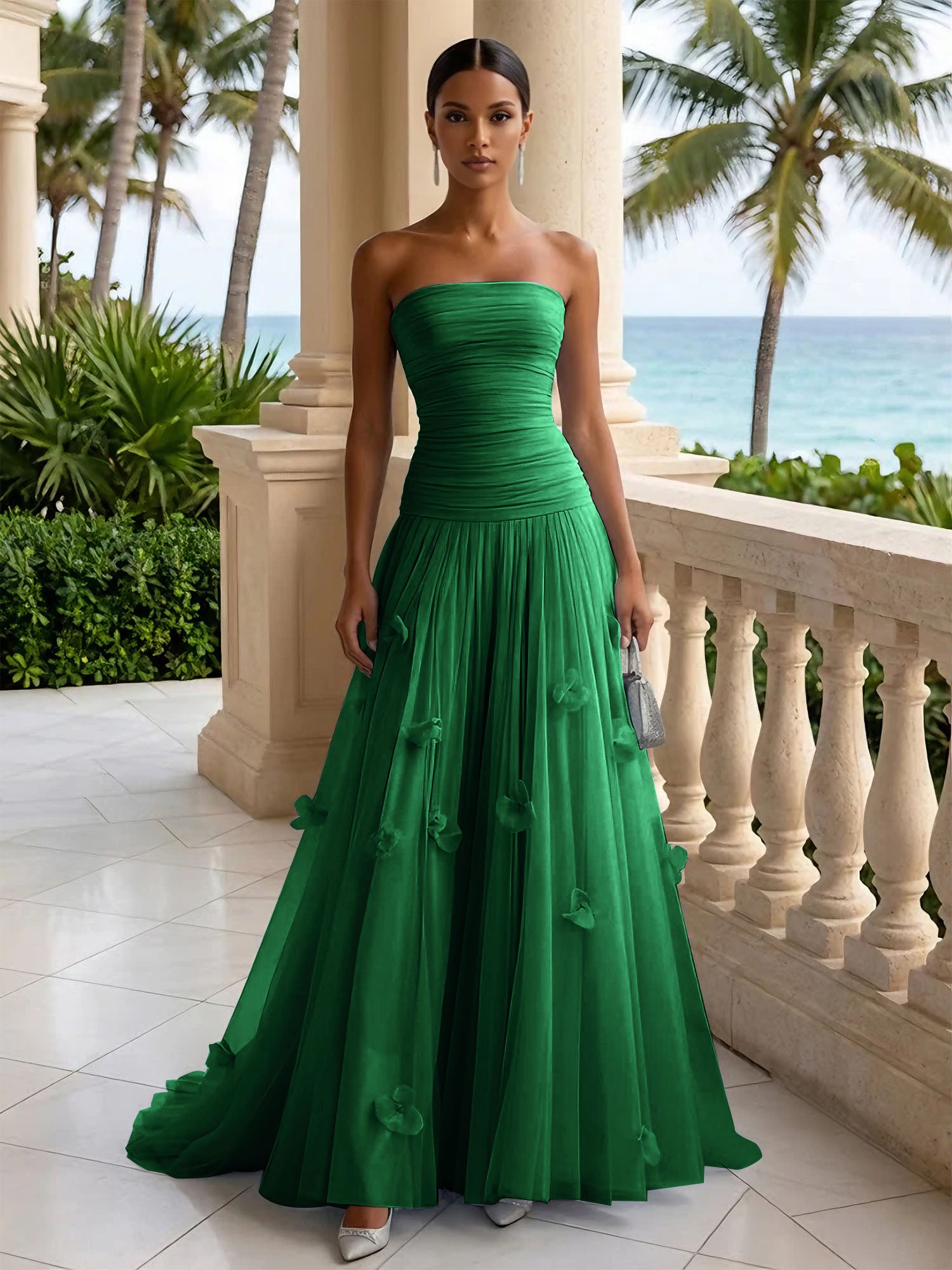 Light Blue Evening Dress with 3D Flower Strapless Pleat Maxi Dress