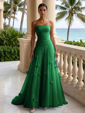 Light Blue Evening Dress with 3D Flower Strapless Pleat Maxi Dress