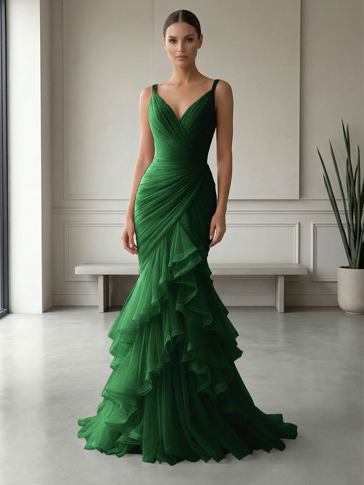 Mauve Folds Tulle Strapless Sleeveless Mermaid Gown Dress