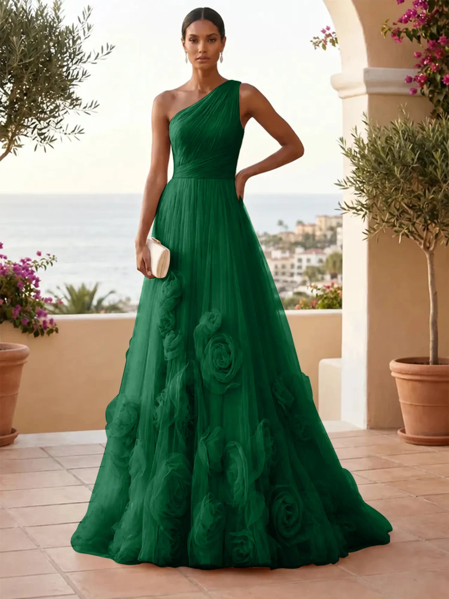 One-Shoulder Sweetheart Tulle Ball Gown with 3D Floral Accents Evening Dresses