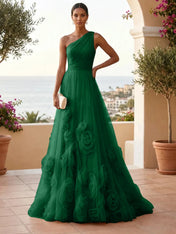One-Shoulder Sweetheart Tulle Ball Gown with 3D Floral Accents Evening Dresses