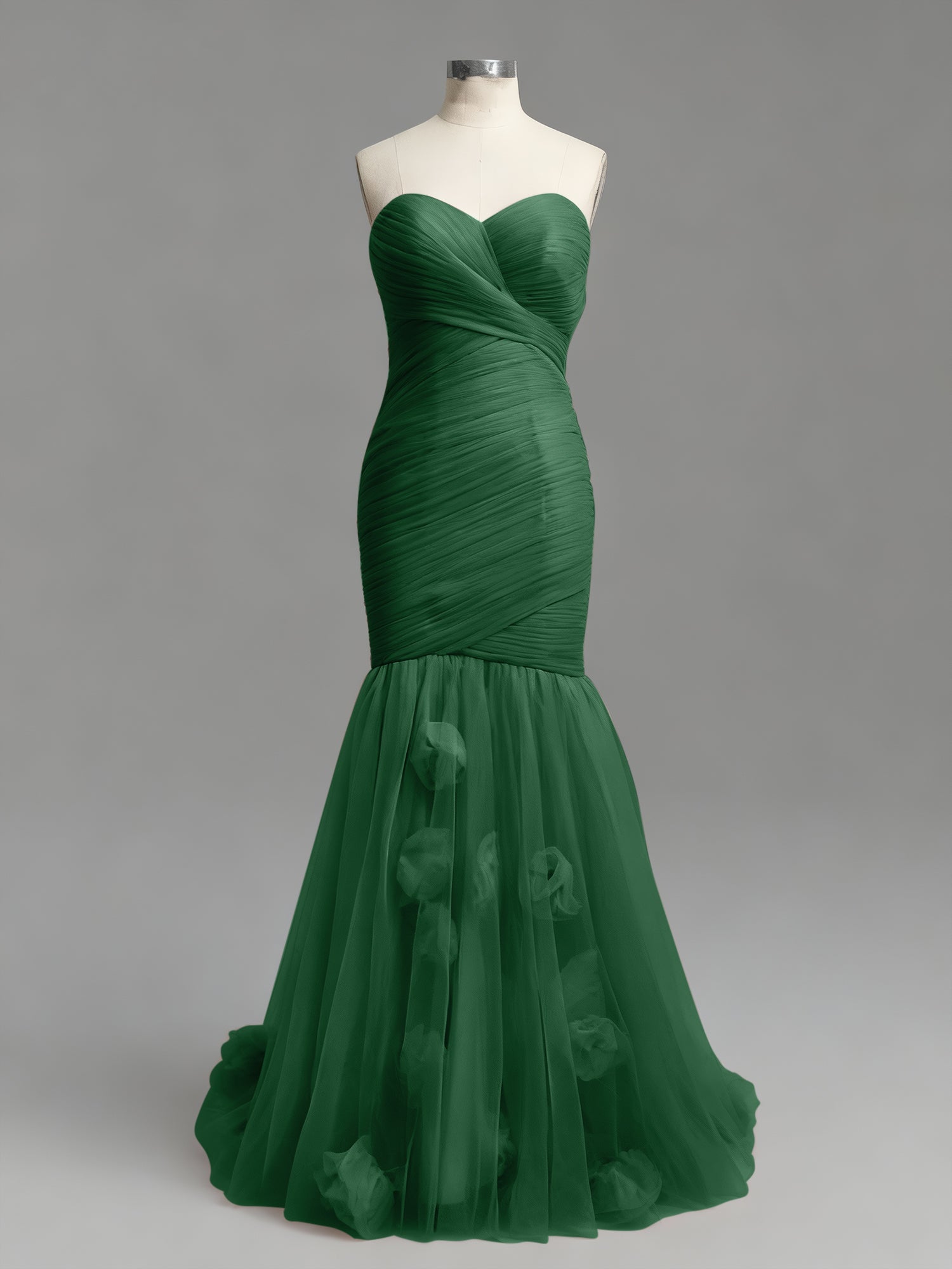 Dusty Rose Mermaid Strapless Ruched Tulle Prom Dress with 3D Floral