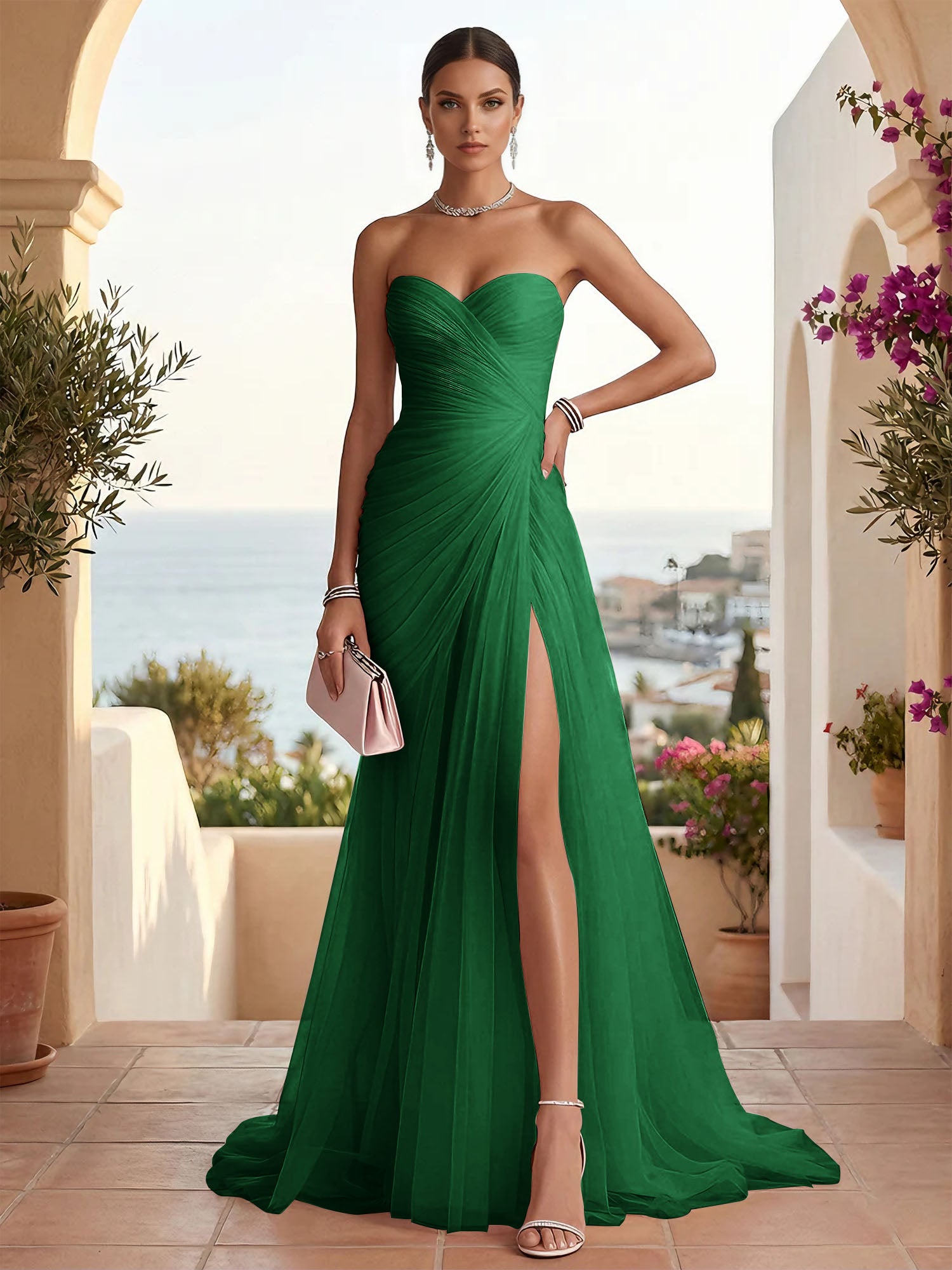 Strapless Sweetheart High Slit Tulle Pleat Prom Dress Evening Dresses