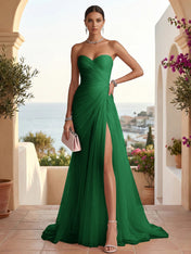 Strapless Sweetheart High Slit Tulle Pleat Prom Dress Evening Dresses