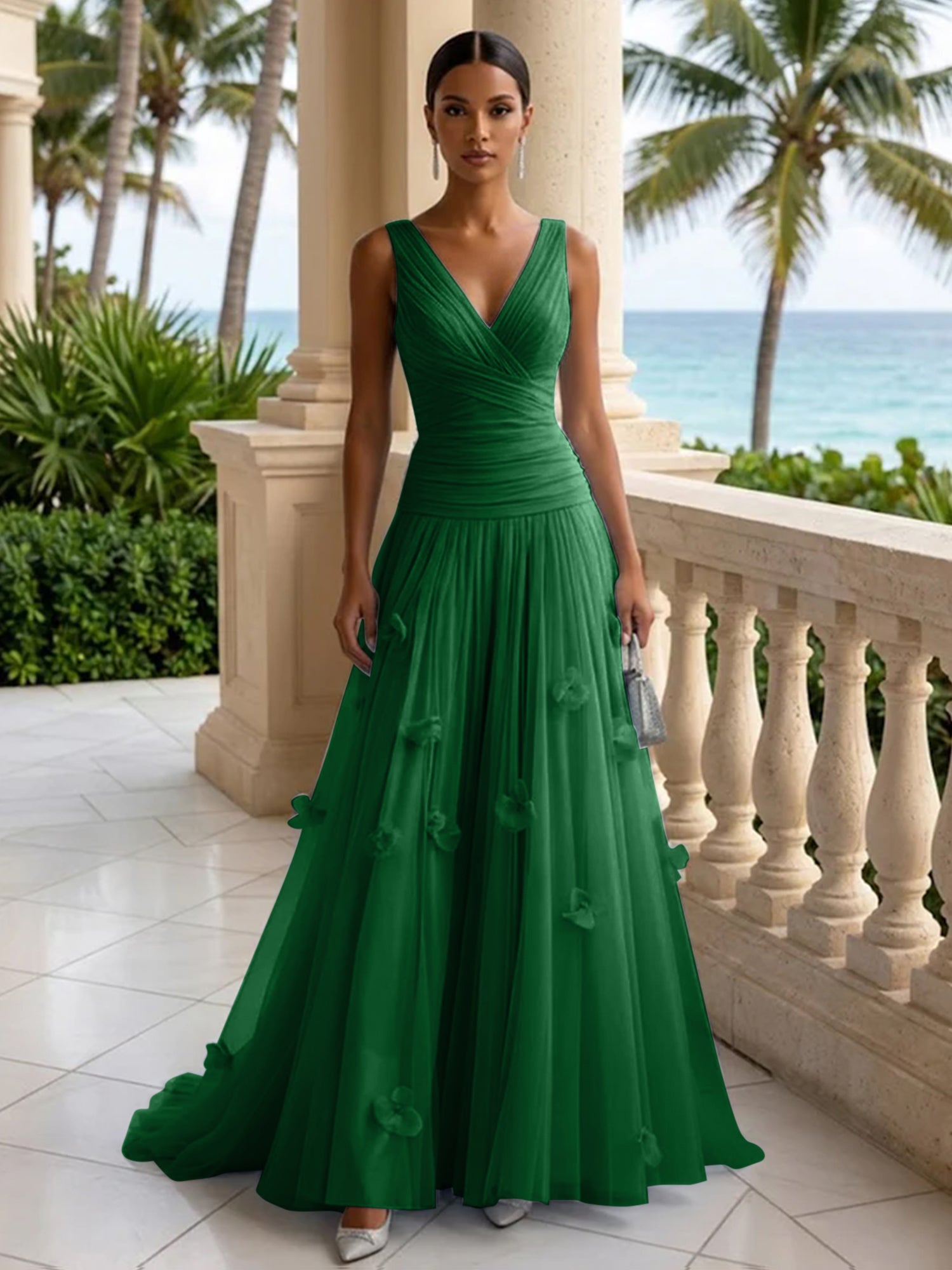 Light Blue Evening Dress with 3D Flower V Neck Pleat Maxi Dress