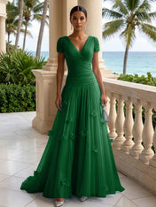 Light Blue Short-Sleeve Tulle Gown Evening Dress with 3D Flower V Neck Pleat Maxi Dress