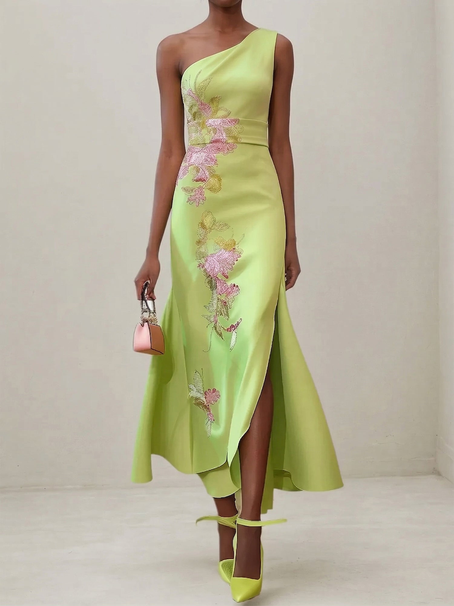 Green Floral One Shoulder Embroidered Cap Sleeve Slit Sheath Maxi Dress