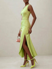 Green Floral One Shoulder Embroidered Cap Sleeve Slit Sheath Maxi Dress