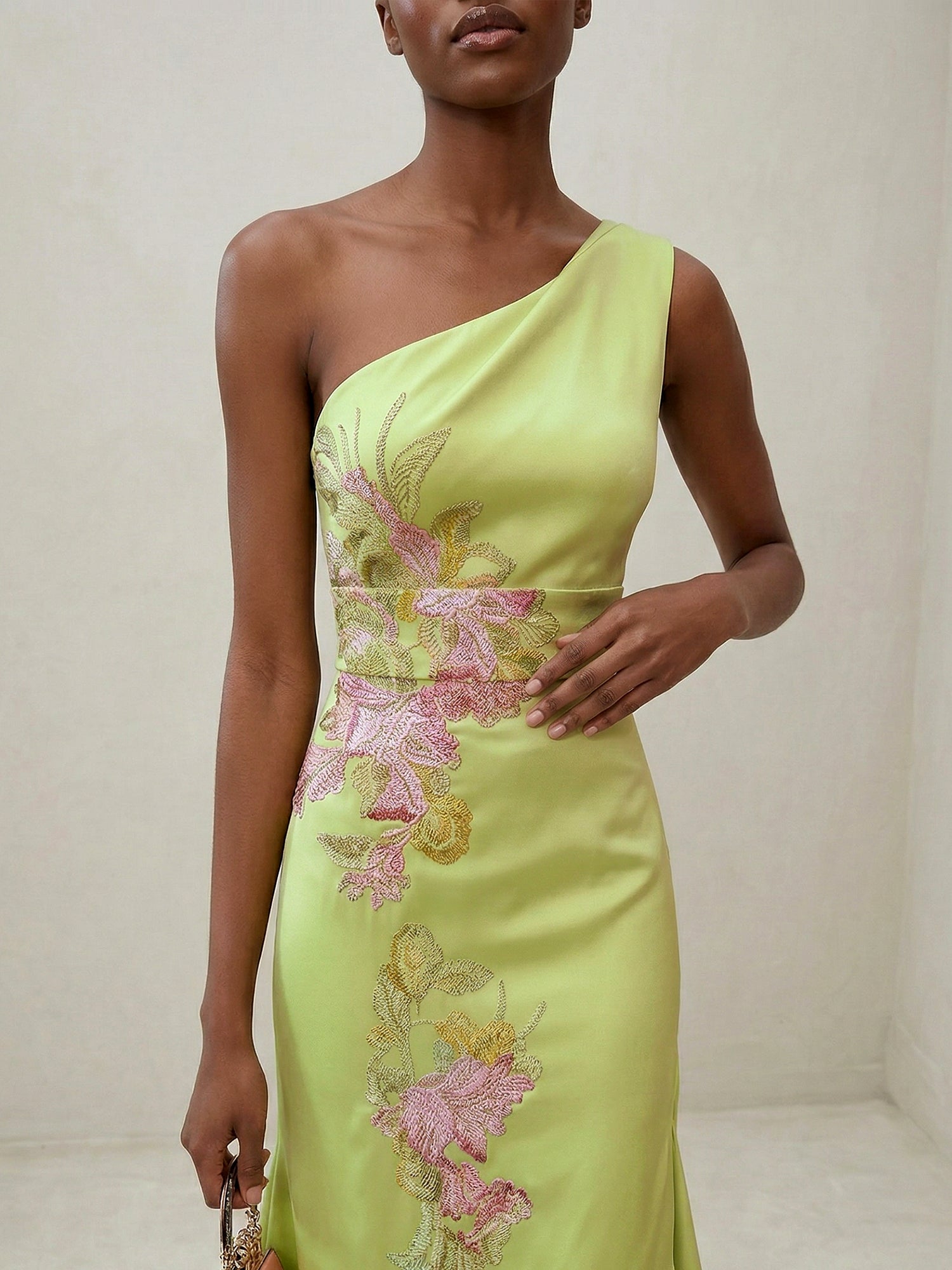 Green Floral One Shoulder Embroidered Cap Sleeve Slit Sheath Maxi Dress