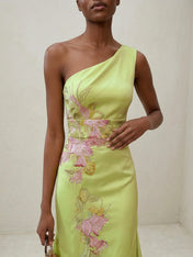 Green Floral One Shoulder Embroidered Cap Sleeve Slit Sheath Maxi Dress